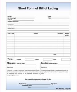 Printable Bill Of Lading Short Form Template Word