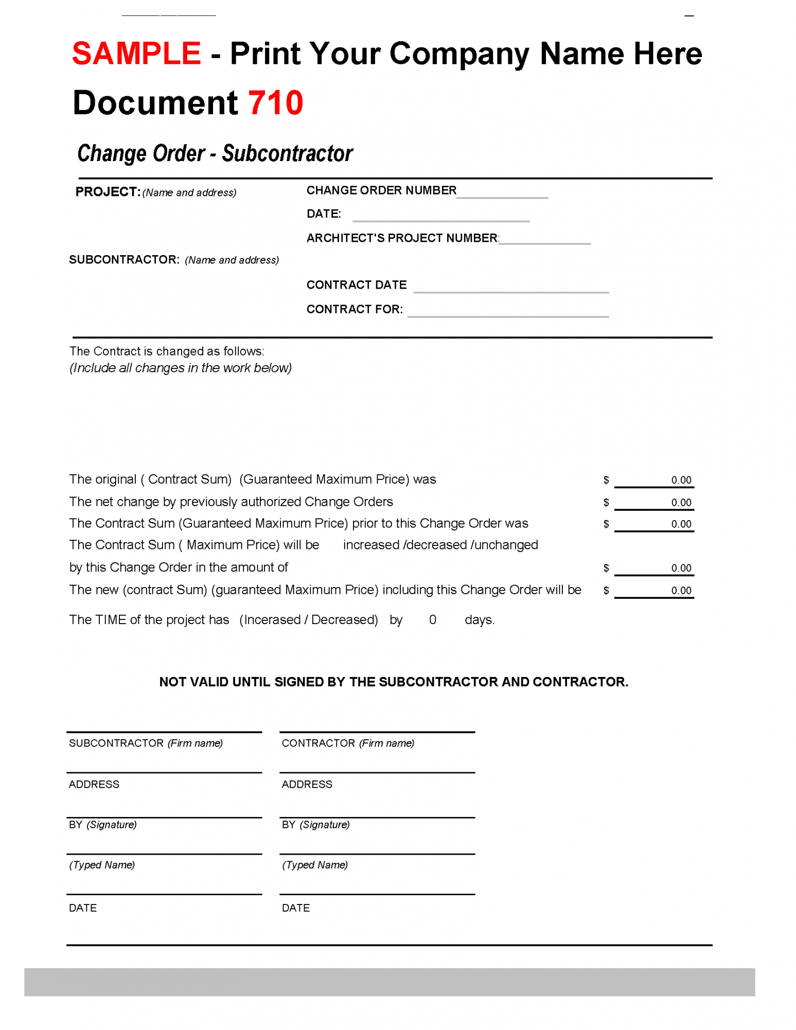 Printable Change Order Form Template Construction Pdf Example