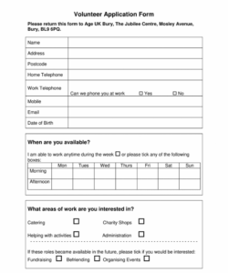 Printable Community Service Volunteer Form Template Excel