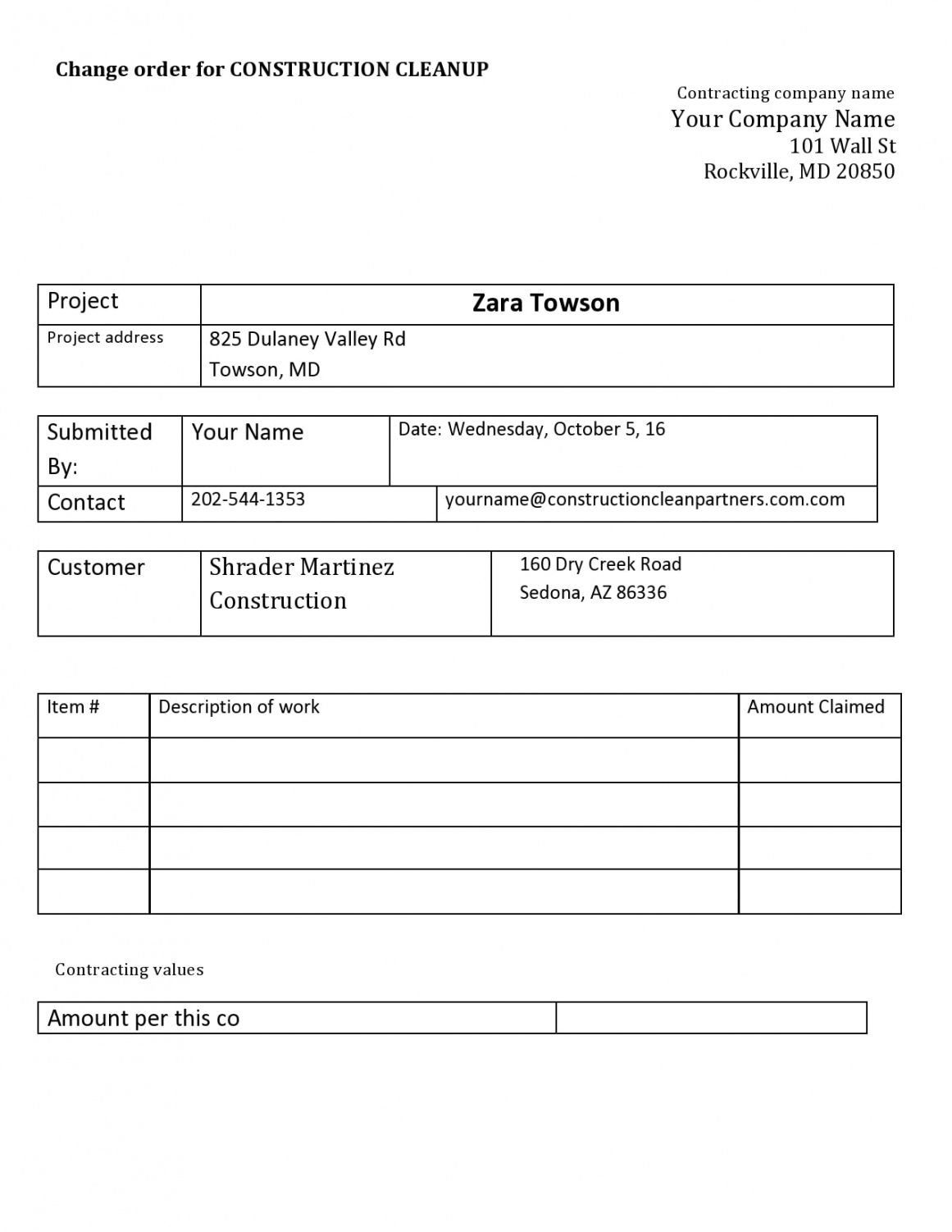 Printable Construction Change Order Form Template Word Example