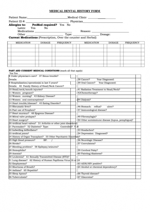 Printable Dental Medical History Form Template Word Sample