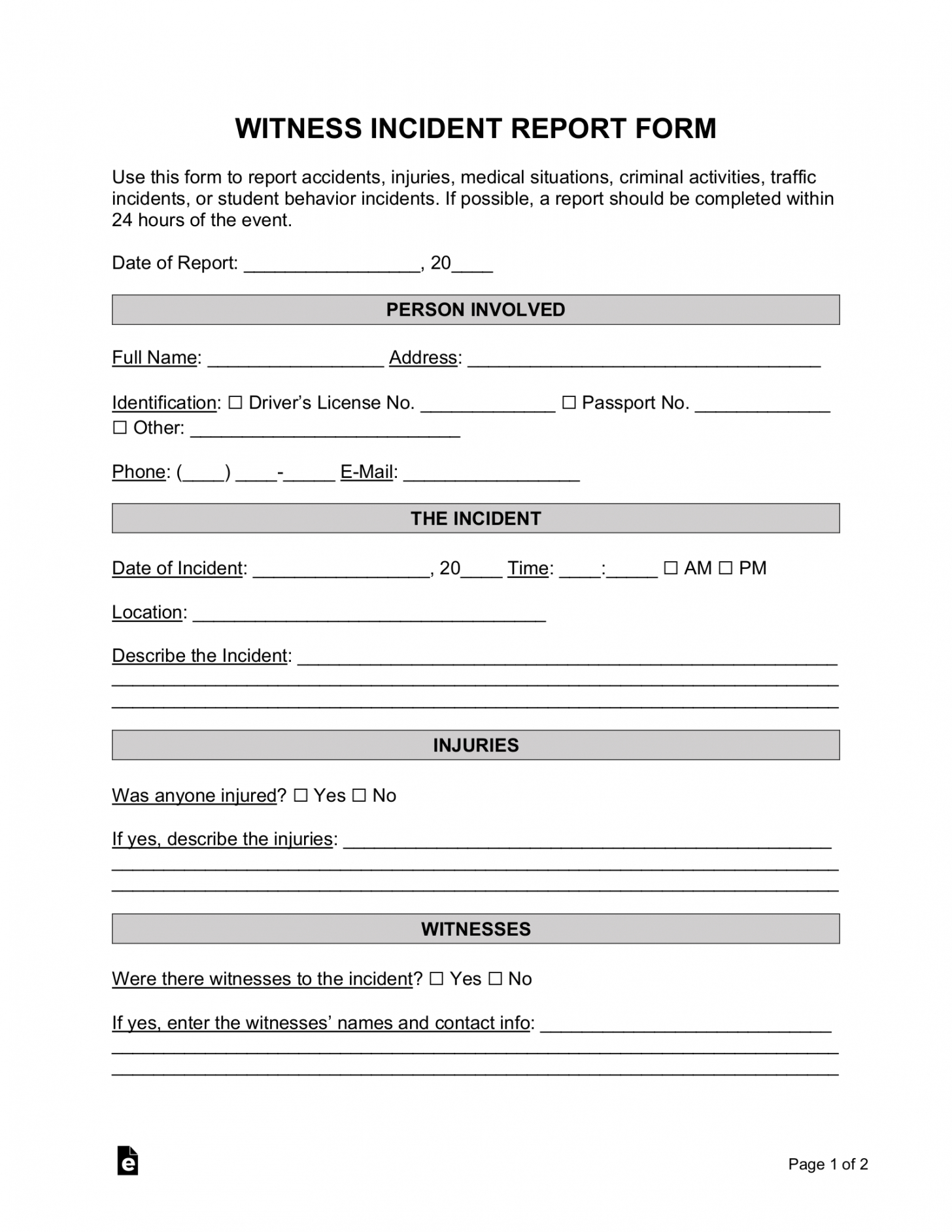 Professional Accident And Incident Report Form Template Excel Sample