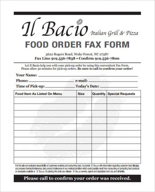 Professional Blank Food Order Form Template