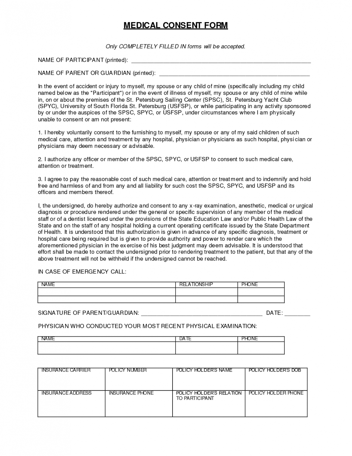 Professional Emergency Care And Treatment Form Template Doc Sample