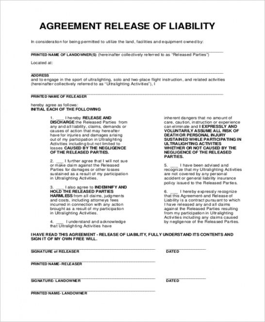 Release Of Liability Form Template  Sample
