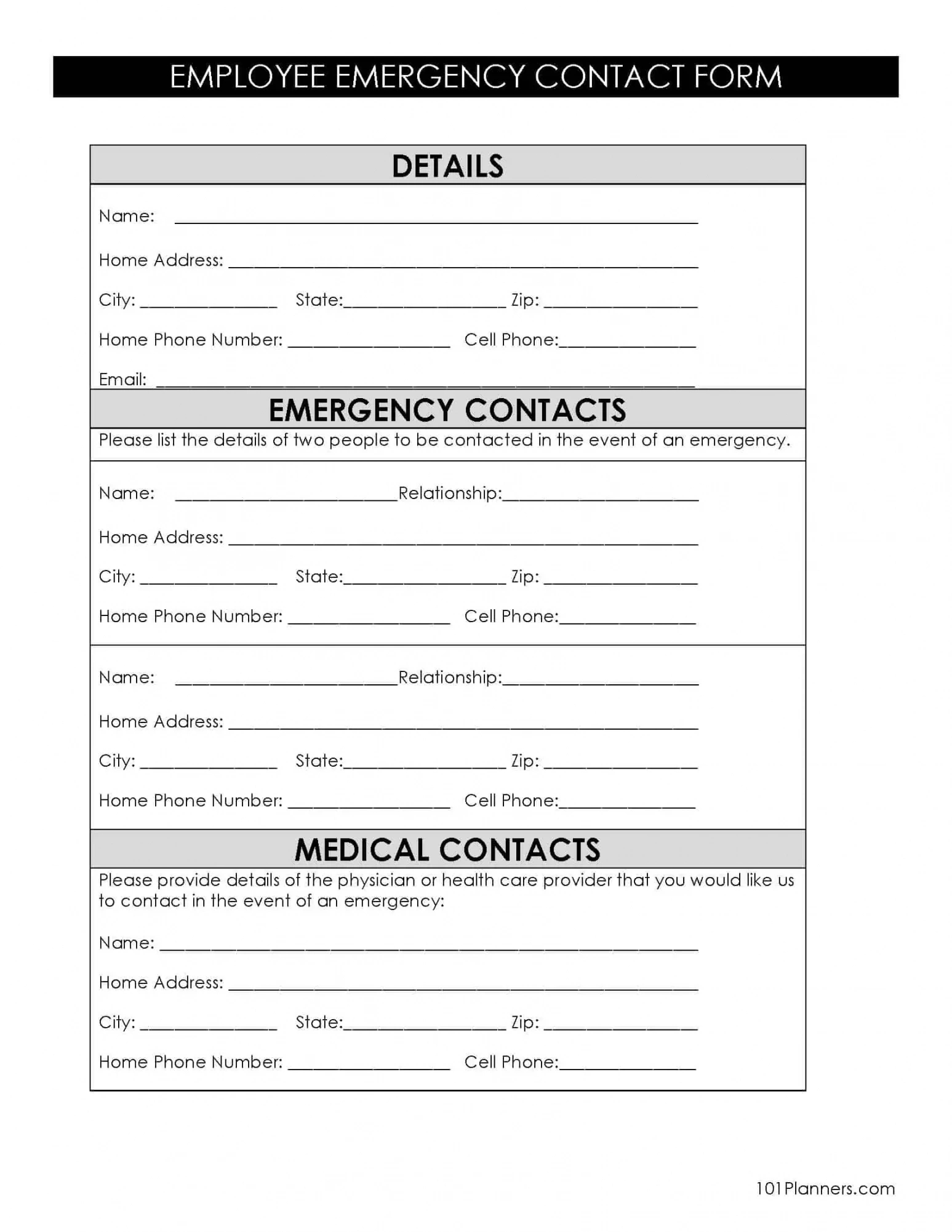 Staff Emergency Contact Form Template Doc Sample
