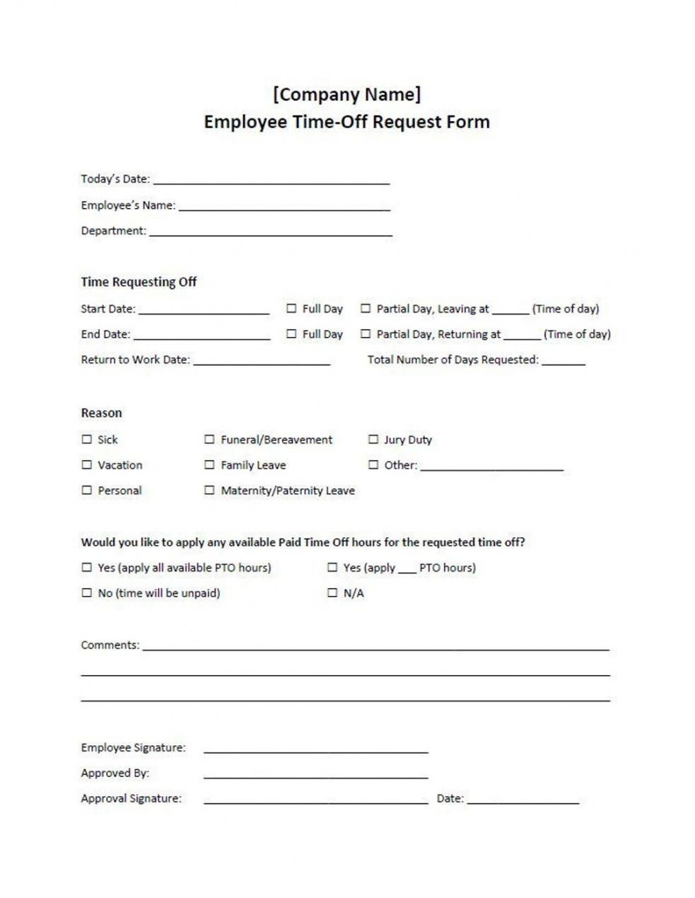 Template Time Off Request Form  Example