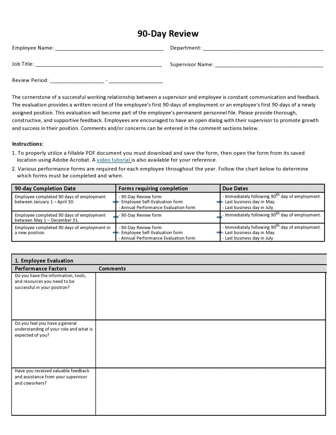 Costum 30 Day Evaluation Form Template Doc Sample