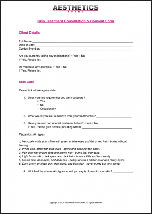 Costum Beauty Treatment Disclaimer Form Template Word