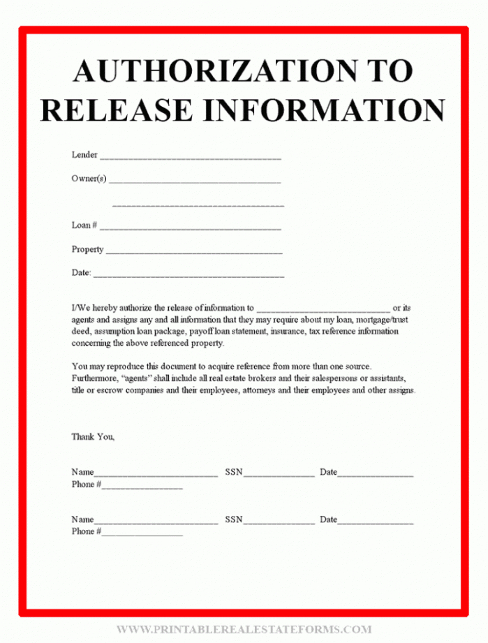 Printable Authorization Release Information Form Template Word Sample