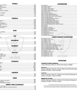 Editable Bottle Service Menu Template Excel Sample