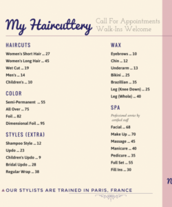 Editable Hair Salon Service Menu Templates Word Example