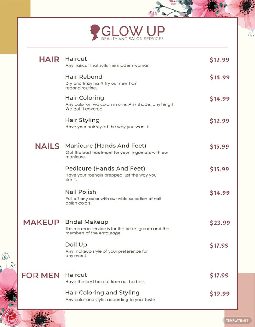 Costum Hair Salon Price Menu Template  Pdf