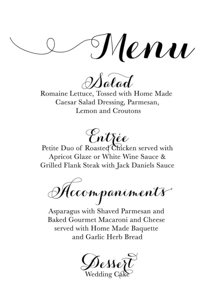 Costum Wedding Reception Dinner Menu Template Excel Sample