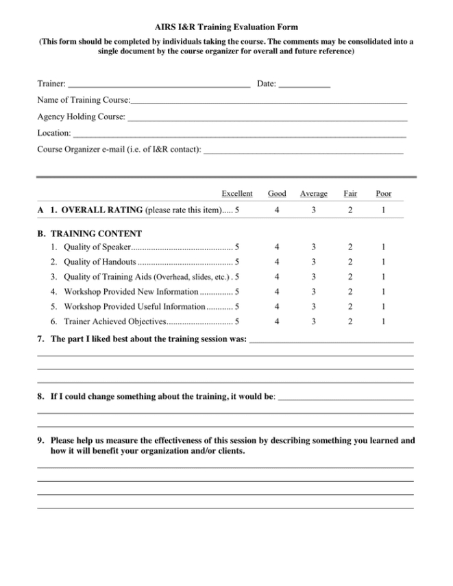 Printable Training Course Feedback Form Template Pdf Example