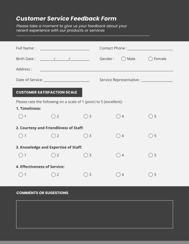 Professional Customer Service Feedback Form Template Excel Sample