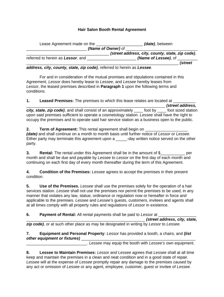 Custom Salon Booth Rental Agreement Template Word