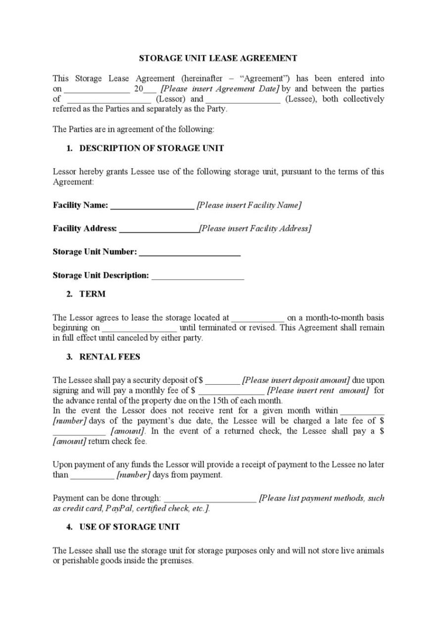 Free Editable Storage Space Rental Agreement Template Pdf