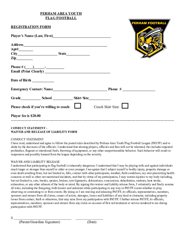 Blank Youth Football Registration Form Template