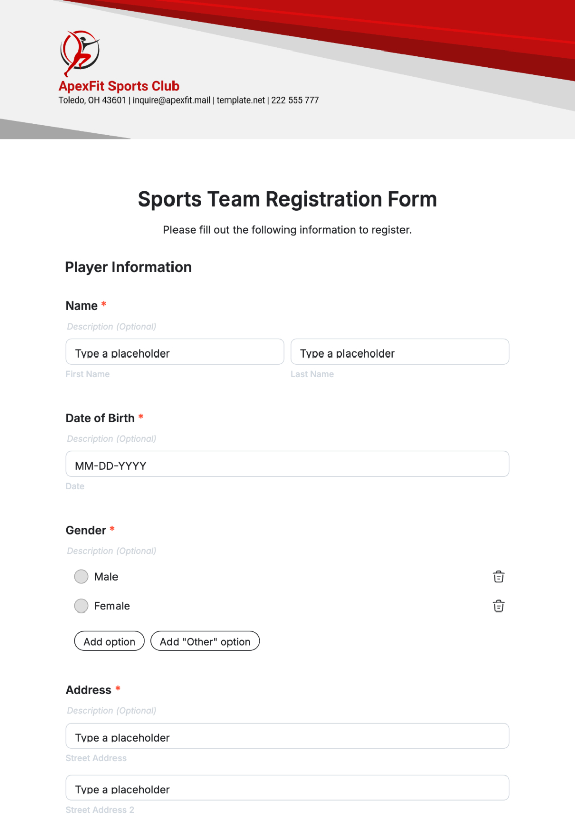 Printable Youth Sports Registration Form Template Word