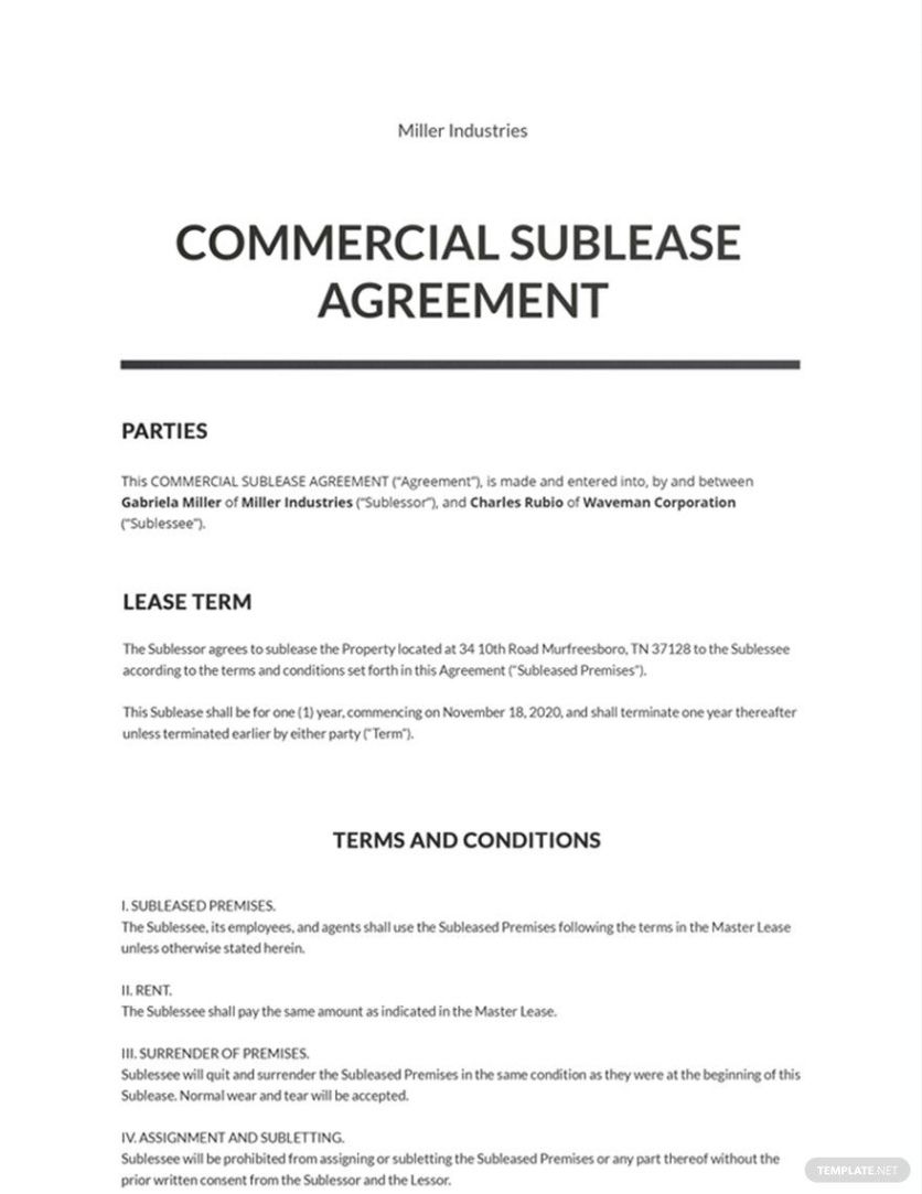 Free  Commercial Property Sublease Agreement Template Excel Sample