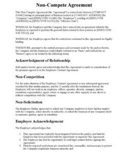 Printable Non Compete Confidentiality Agreement Template  Sample
