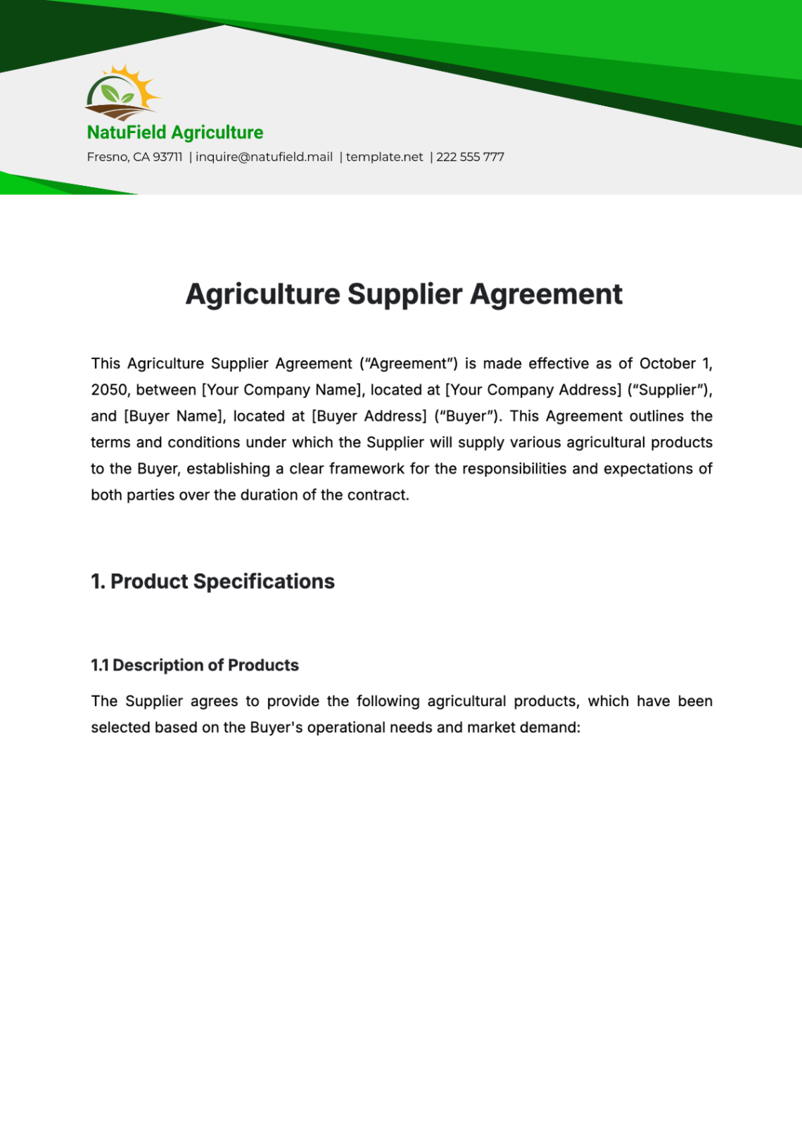 Blank Food Supply Agreement Template Doc