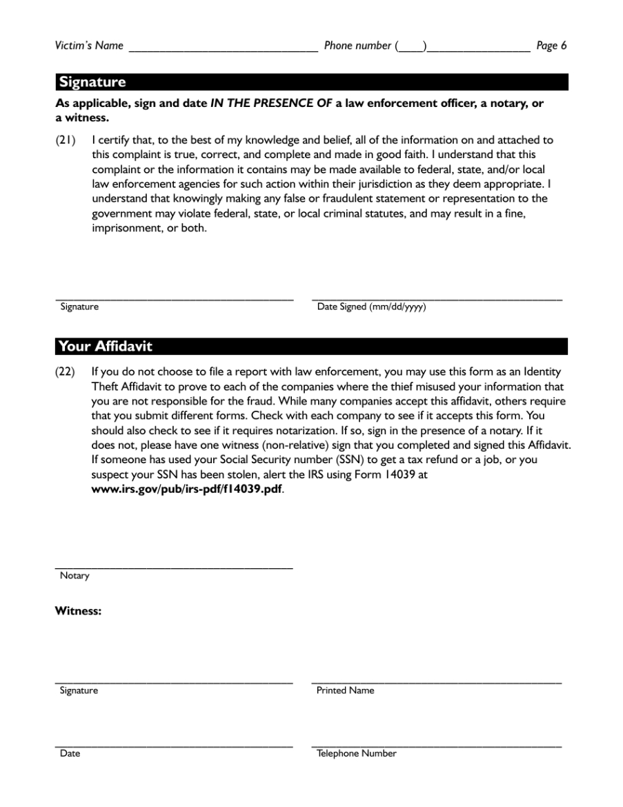 Editable Identity Theft Affidavit Template  Sample