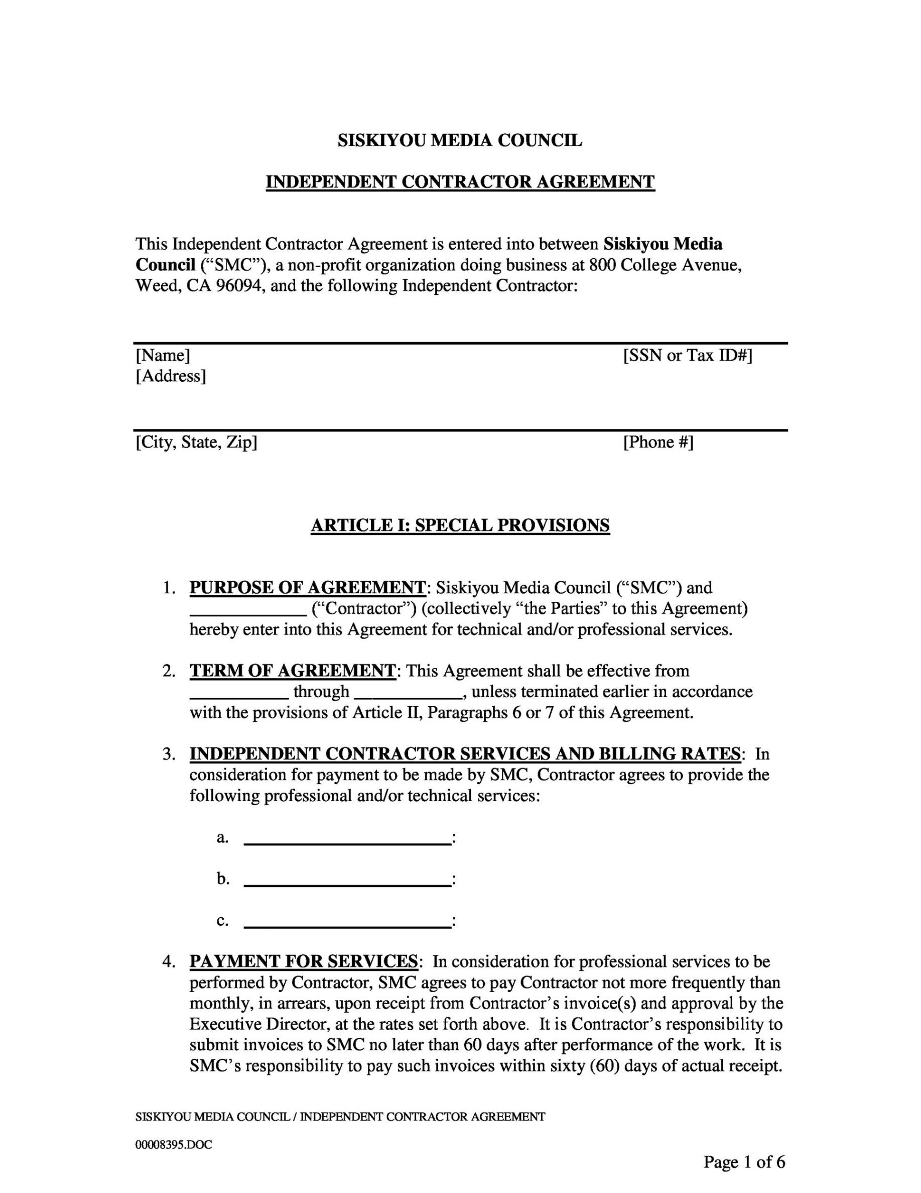 Free Blank Support Worker Service Agreement Template