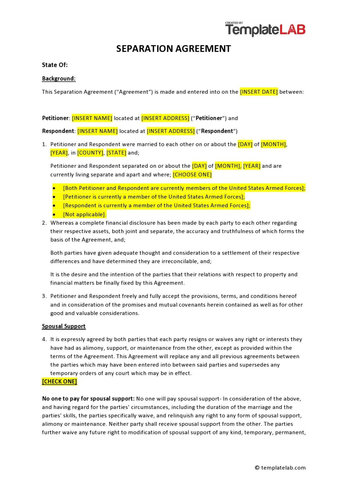Free Blank Unmarried Separation Agreement Template Doc Sample