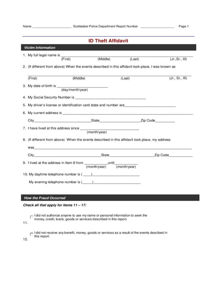 Free Custom Identity Theft Affidavit Template Pdf