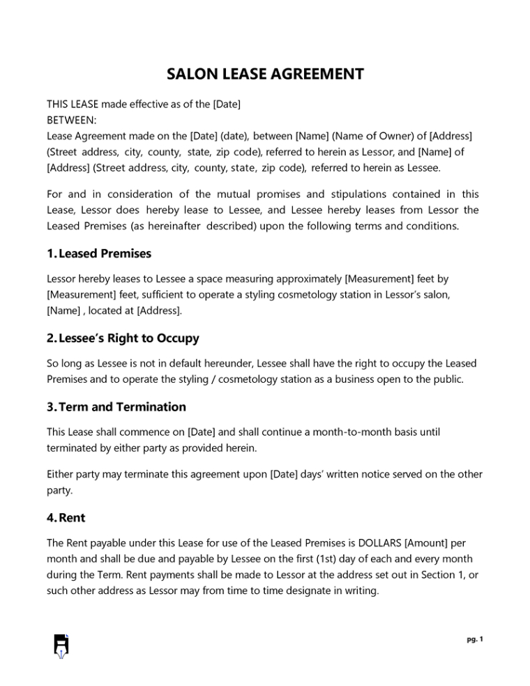 Free Custom Nail Salon Booth Rental Agreement Template Excel