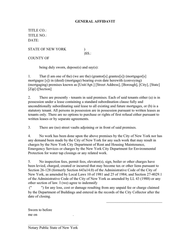 Free  Sworn Statement General Affidavit Template Pdf Sample