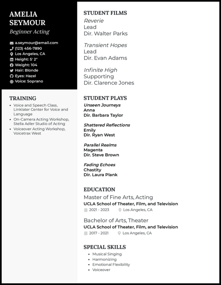 beginners acting resume template no experience