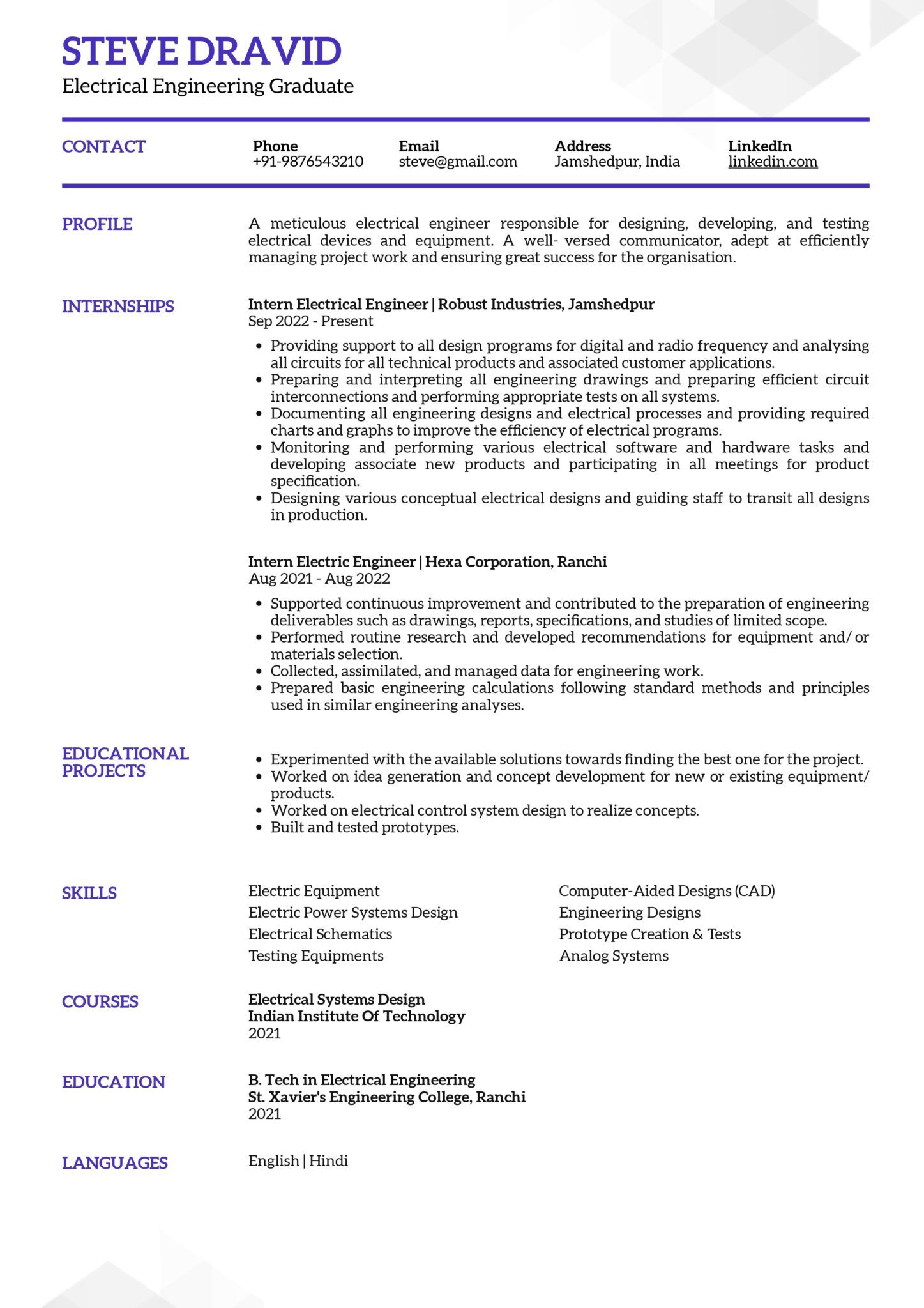 Electrical Engineer Fresher Resume Template