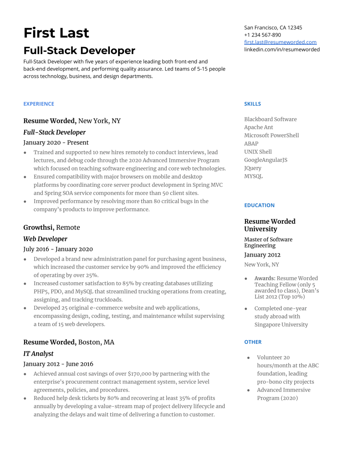 Full Stack Web Developer Resume Template